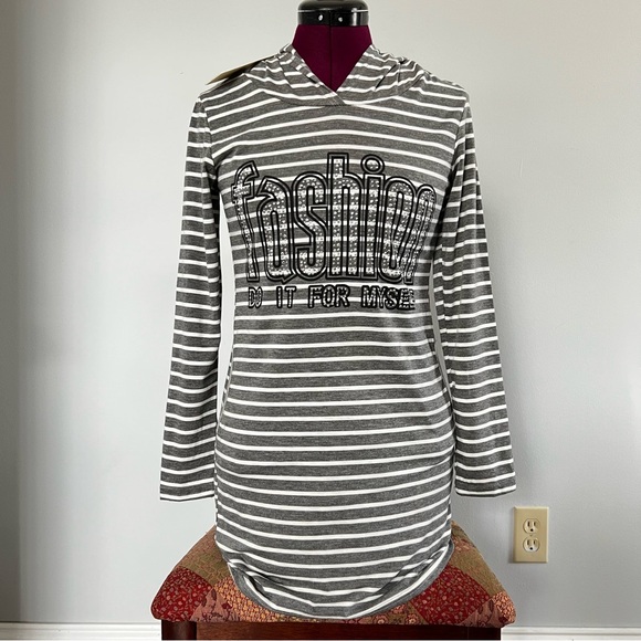 NWT Lawa Women’s Striped Long Sleeve Hooded Super Mini Dress with Pockets - Picture 13 of 13
